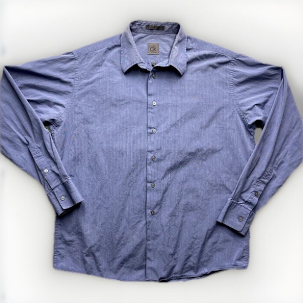 Calvin Klein Button Up Shirt Men's Large 16.5 36/37 Long Sleeve Blue Pinstripe